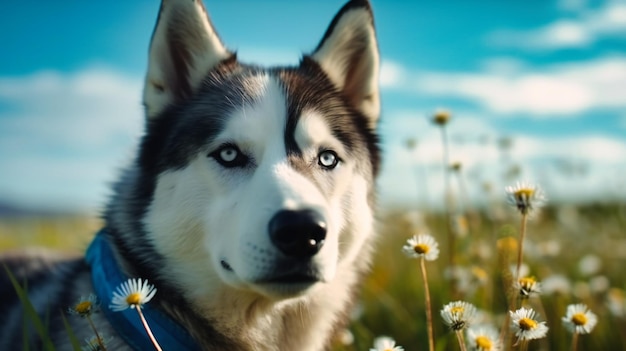 A Grey husky with one blue and one green eye