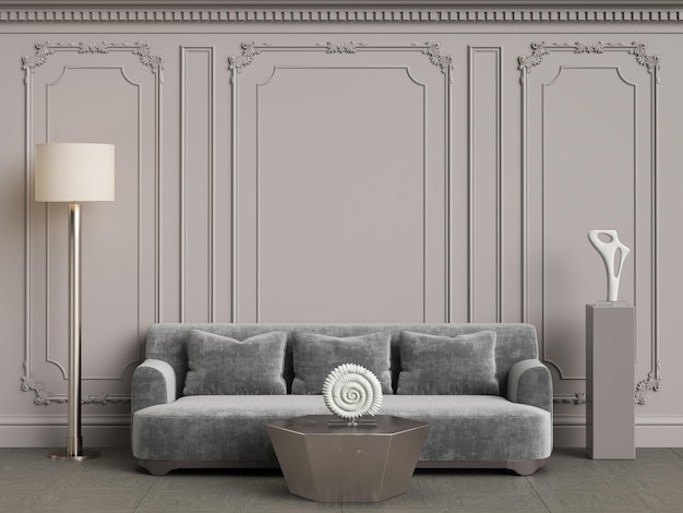 Grey interior conceptClassic furniture in classic interior with copy spaceWalls with ornated mouldingsFloor parquetDigital Illustration3d rendering