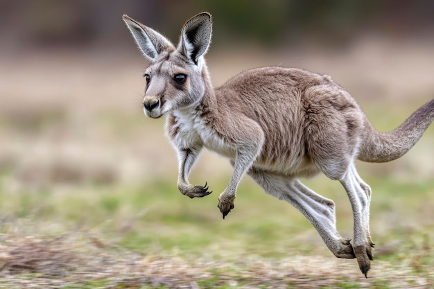 A grey kangaroo leaping through the air with its legs outstretched