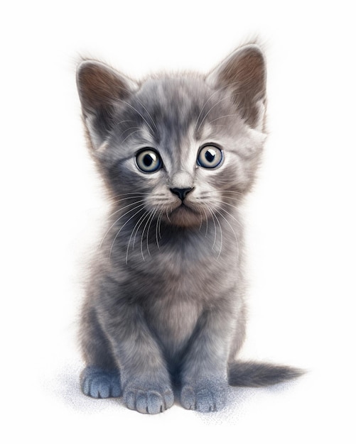 A grey kitten with blue eyes sits on a white background.