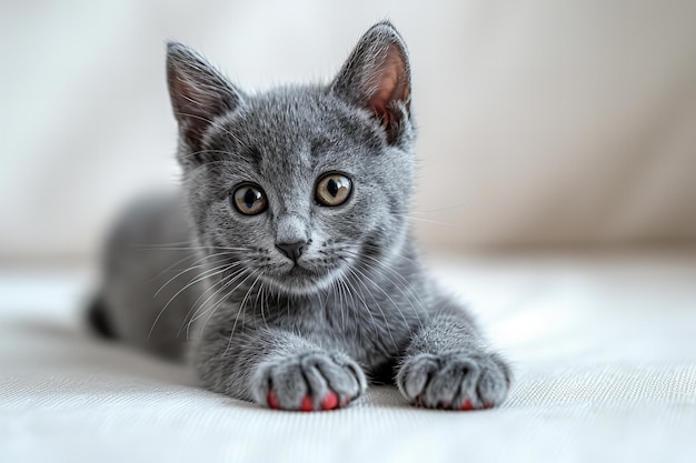 Photo a grey kitten with a pink nose and a red nail polish