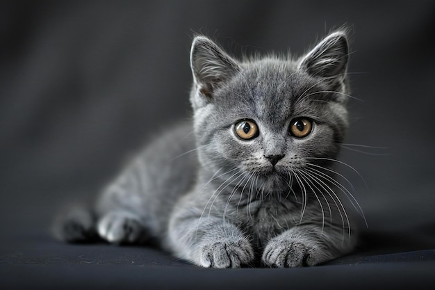 Photo a grey kitten with yellow eyes and a black background