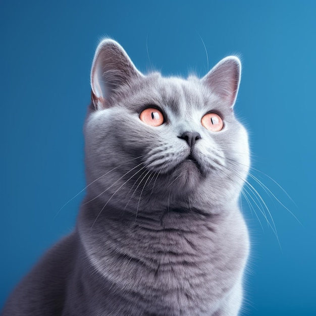 Grey kitty with blue wall behind her