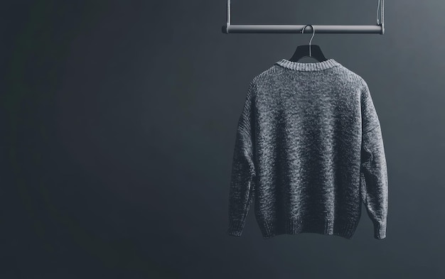 Photo grey knit sweater hanging on a hanger against a dark grey background