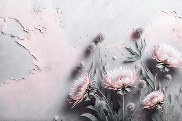 Grey light concrete wall with delicate pastel pink sprays of flowers on pastel pink background creat