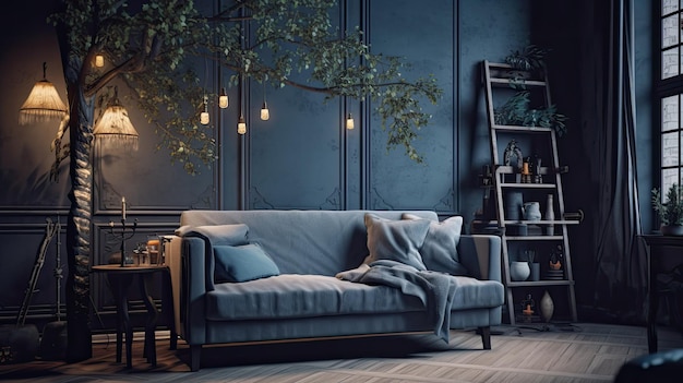 A grey light illuminates a blue sofa in front of a wooden table in a modest living room with ficus a...