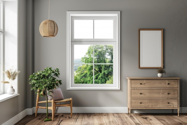 Photo grey living room interior with dresser and panoramic window mockup frame