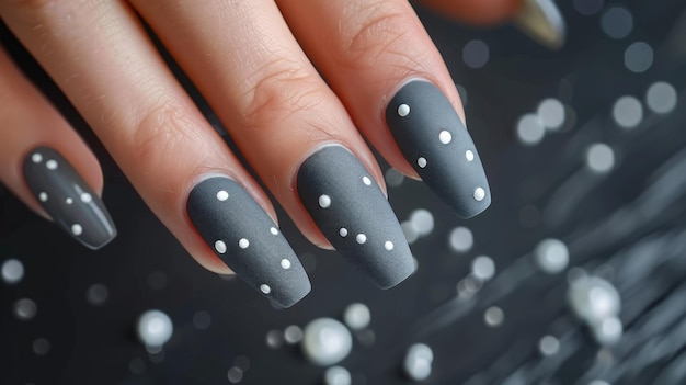 Grey Matte Nails With White Dots