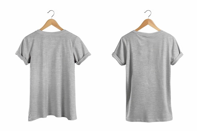 Photo grey melange cotton t shirt with no print on hanger isolated on white background