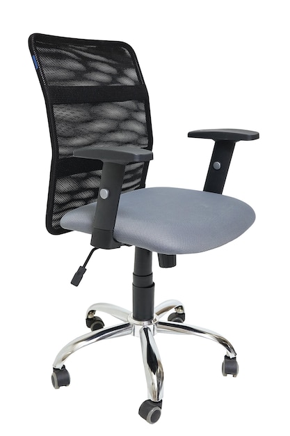 Grey office fabric armchair on wheels isolated on white background side view