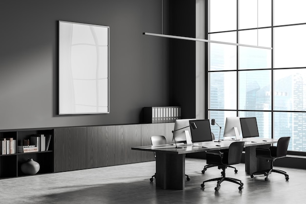 Grey office interior with pc computers and panoramic window Mockup frame