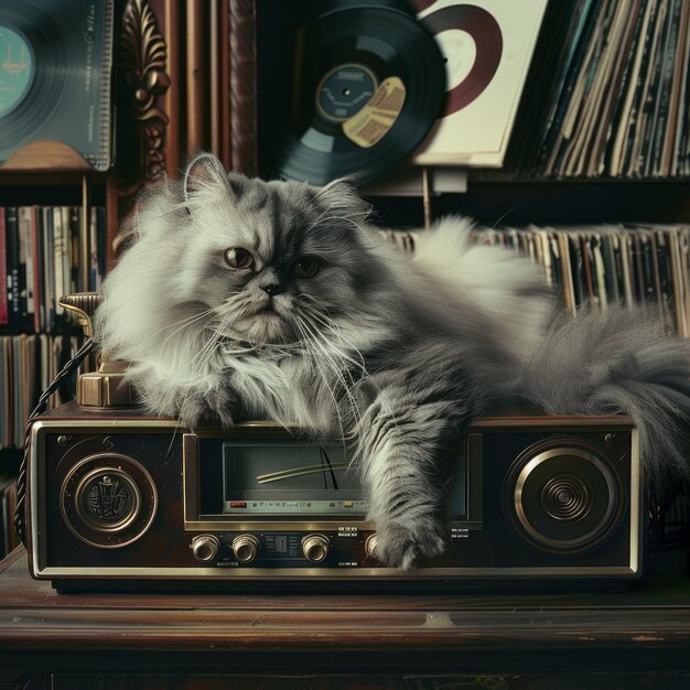 Photo grey persian cat relaxing on vintage radio