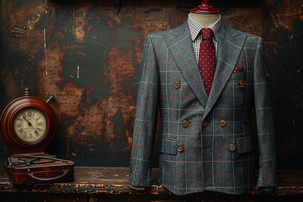 Grey plaid double breasted suit jacket with red tie on mannequin