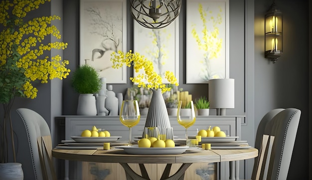 Grey plates vine glasses and yellow flowers in vase in trendy dining room interior with wicker chandeliers generative ai