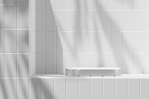 grey platform with white top on white tiles in a sunny bathroom 3D rendering