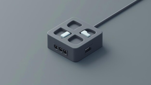 A grey power strip with four outlets and a long cable sits on a grey surface