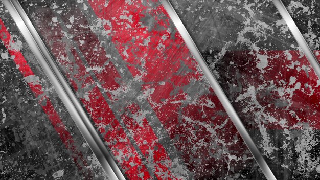 Grey and red grunge tech background with metallic stripes