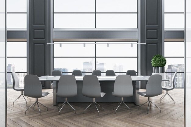 Grey shades classic interior design of modern conference room with stylish furniture on wooden parquet floor and city view from big window 3D rendering