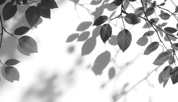 Photo grey shadow leaves overlay isolated branches leaves on white wallempty monochrome backdrop for