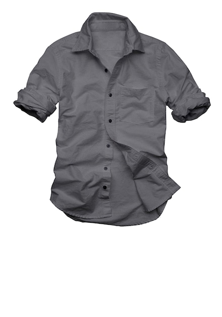 Photo a grey shirt with black buttons is hanging on a white background