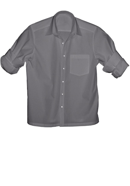 A grey shirt with a white collar and a blue pocket.