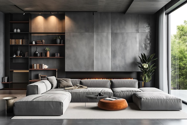 Grey sofa against concrete wall with fireplace and book shelves Loft home interior design of modern