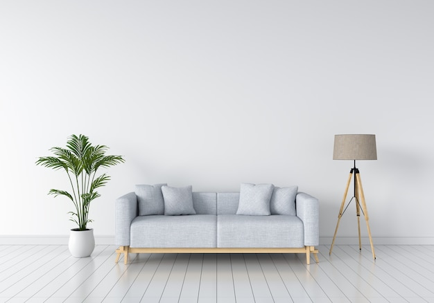 grey sofa and lamp in white living room