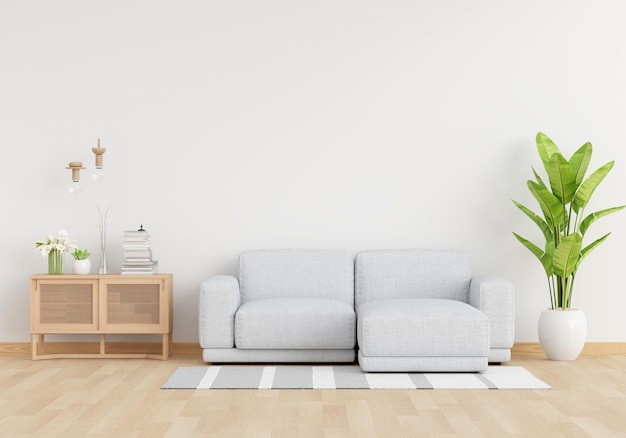 Grey sofa in white living room with copy space