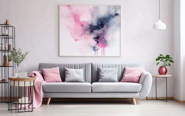 Grey Sofa with Pink Pillows and Blanket