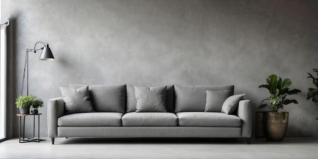 Photo grey sofa with terra cotta pillows against black wall with shelves and posters