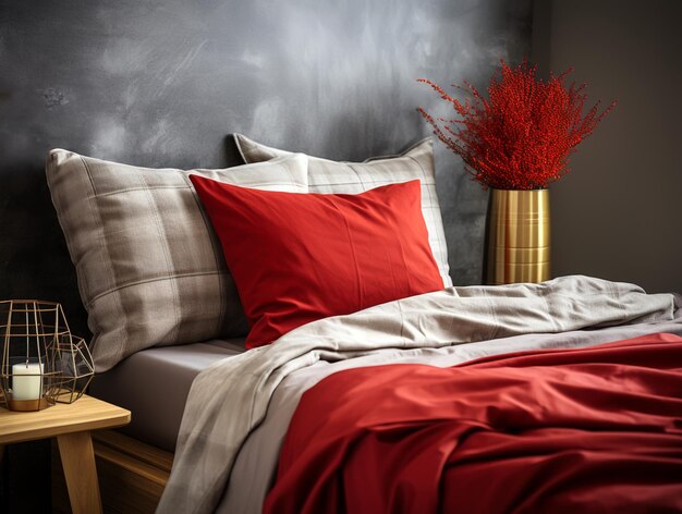 Grey spacious bedroom interior with bed and red color accents of blanket pillow and stool