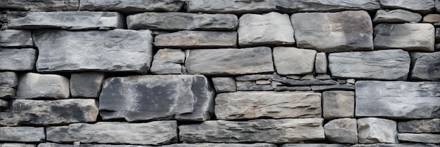 Grey Stone Wall Texture Panoramic Mosaic Background with Grey Granite and Marble Rocks