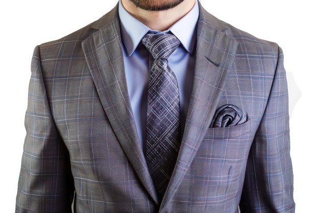 Photo a grey suit with a blue patterned tie a blue shirt and a black pocket square