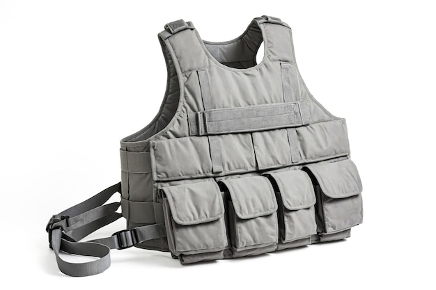 Photo grey tactical vest with multiple pockets isolated on white background