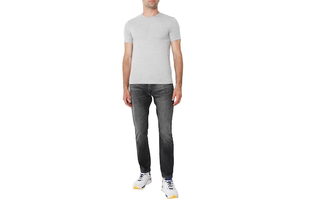 Grey tshirt on a man layout isolated on a white background copy space