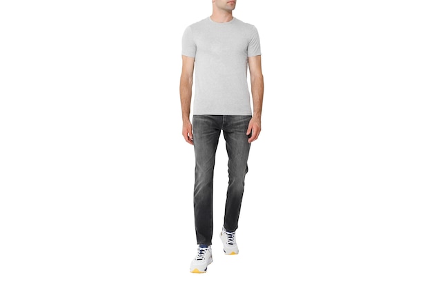 Grey tshirt on a man layout isolated on a white background copy space