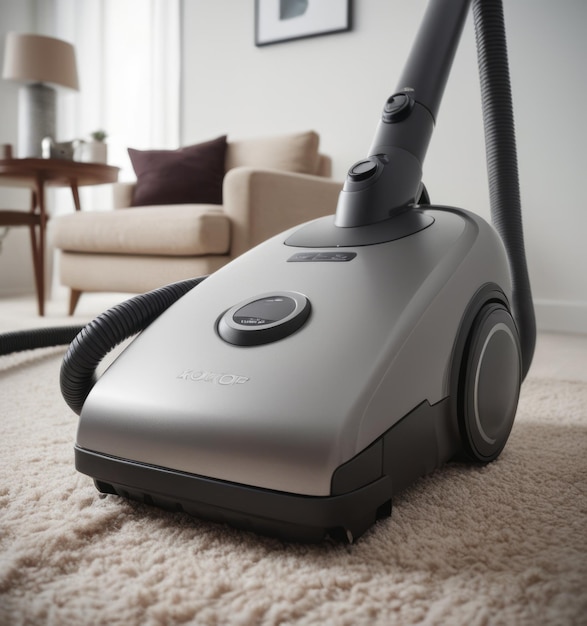 a grey vacuum is sitting on the carpet in a living room