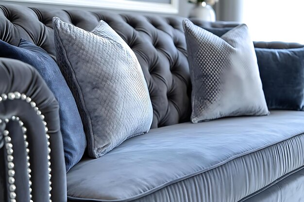 Photo grey velvet sofa with blue pillows realistic image