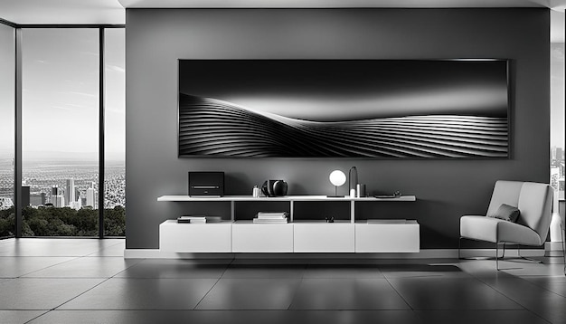 A grey wall with a black and white design