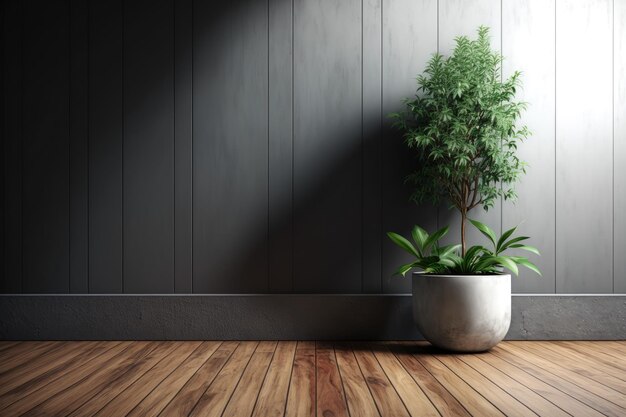 Grey wall and wooden floor background with planter