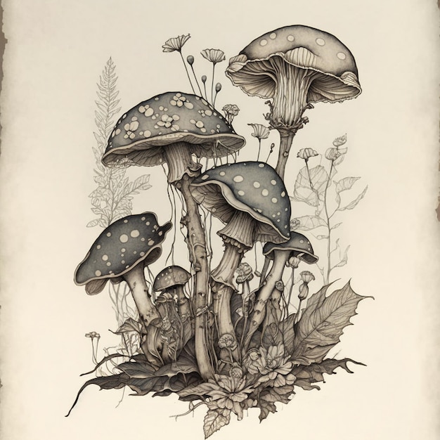 Grey Watercolor Mushrooms