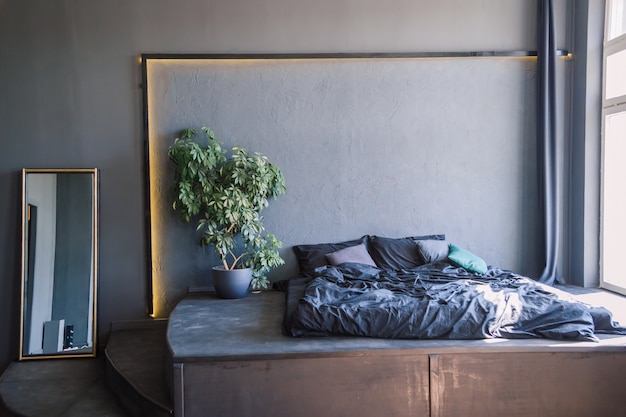 Grey and white bedroom interior 