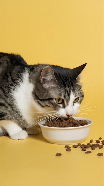 Photo grey and white cat eating dry food from his bowl sitting on yellow studio background with free spa