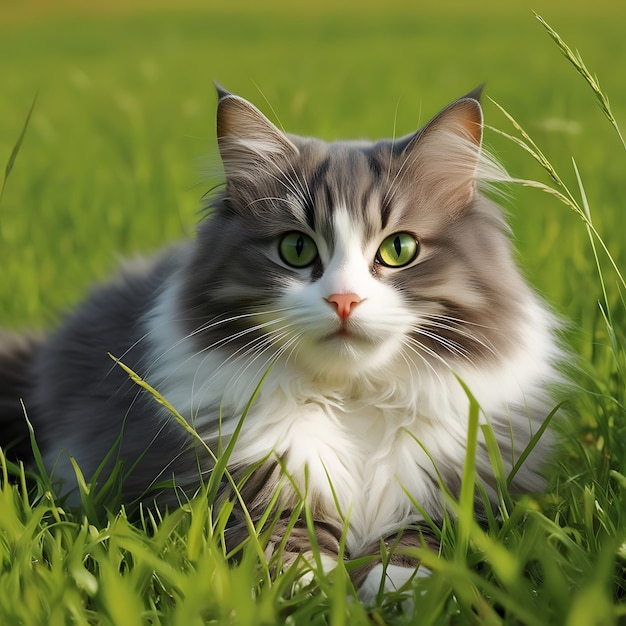 a grey and white cat is sitting in the grass