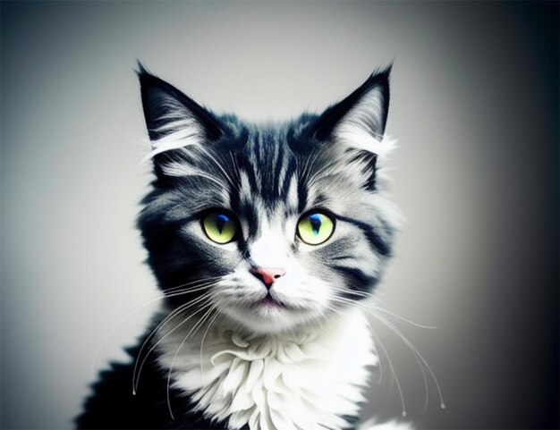 Photo a grey and white cat with green eyes and a black and white cat with green eyes