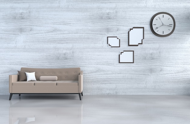 Photo grey-white living room with brown sofa,wall clock,white wood wall,pillow, picture frame. 3