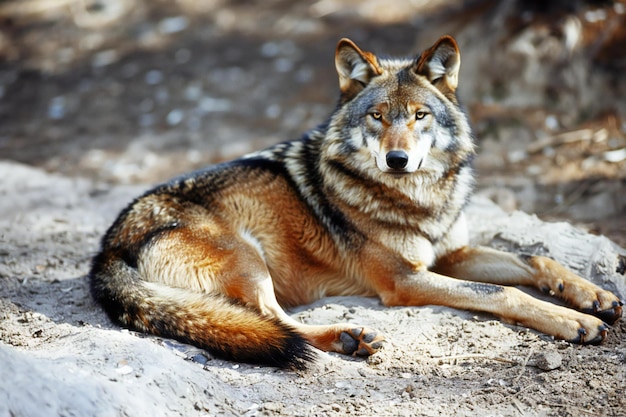 Grey wolf Canis lupus lying on the ground