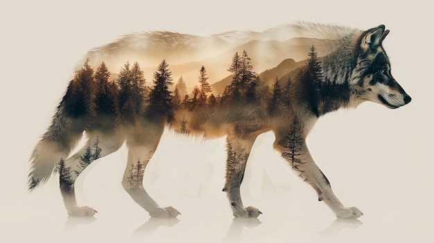 Photo grey wolf portarit design with mountain forest background double exposure