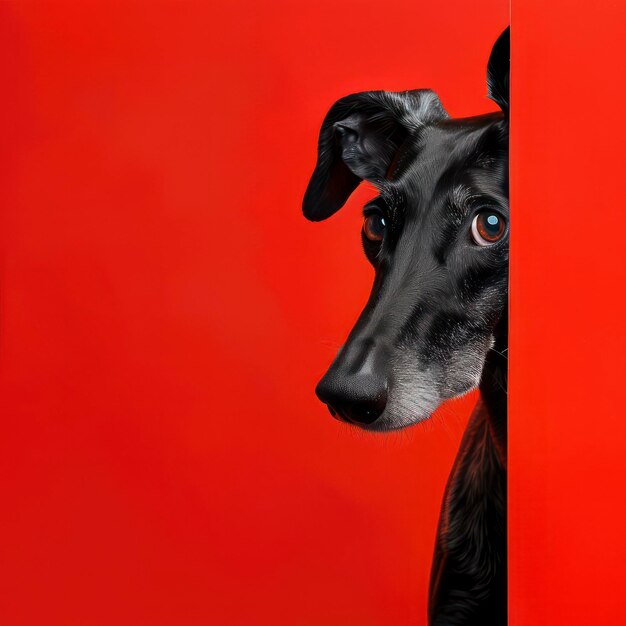 Photo a greyhound peeking behind the red background stand up ears photo illustration