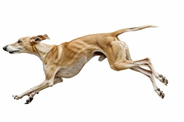 A greyhound sprinting at full speed legs extended isolated on white